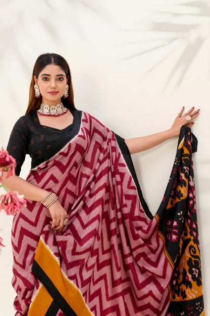 Maroon Elegant Zigzag Tasar Silk Printed Saree with Matching Blouse