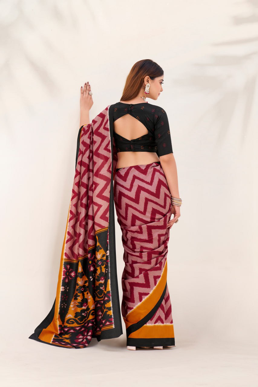 Maroon Elegant Zigzag Tasar Silk Printed Saree with Matching Blouse