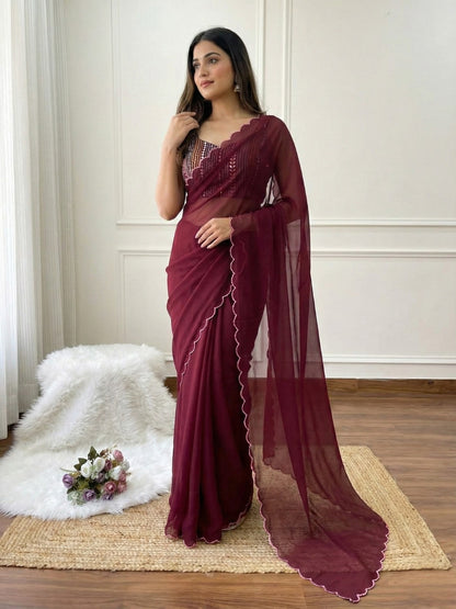 Maroon Georgette Aari Embroidery Border Saree with Work Blouse