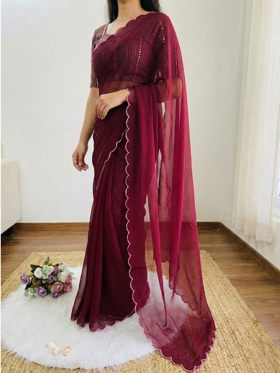 Maroon Georgette Aari Embroidery Border Saree with Work Blouse