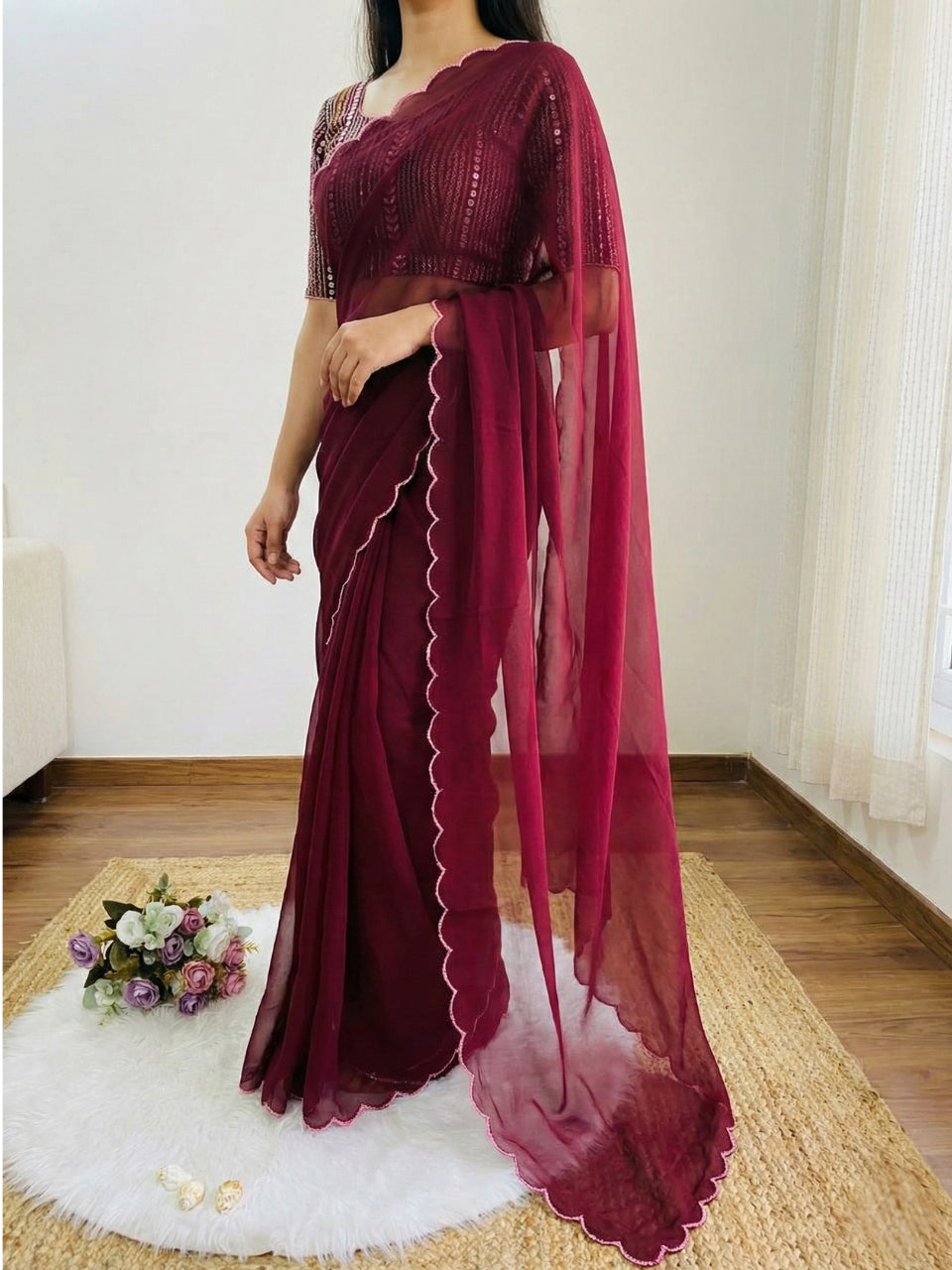 Maroon Georgette Aari Embroidery Border Saree with Work Blouse