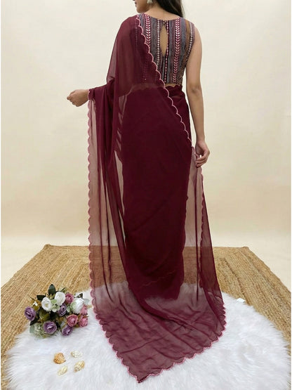 Maroon Georgette Aari Embroidery Border Saree with Work Blouse