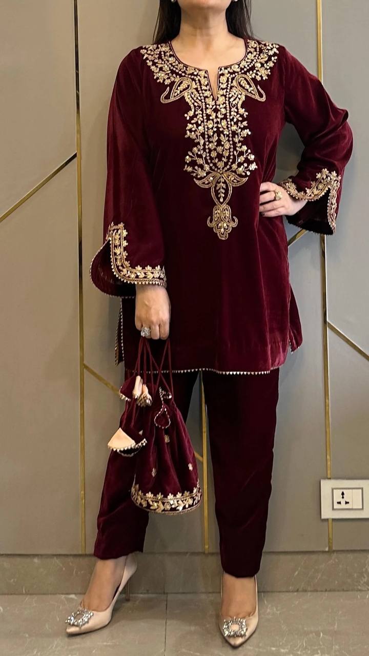 Maroon Heavy Viscose Velvet Embroidery Sharara Suit For Party Wear