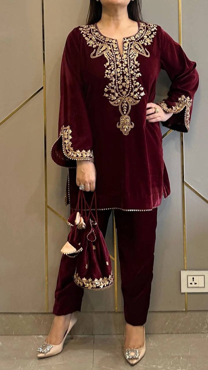 Maroon Heavy Viscose Velvet Embroidery Sharara Suit For Party Wear