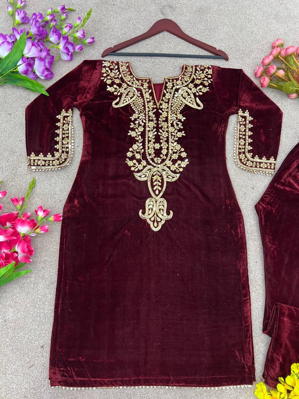 Maroon Heavy Viscose Velvet Embroidery Sharara Suit For Party Wear