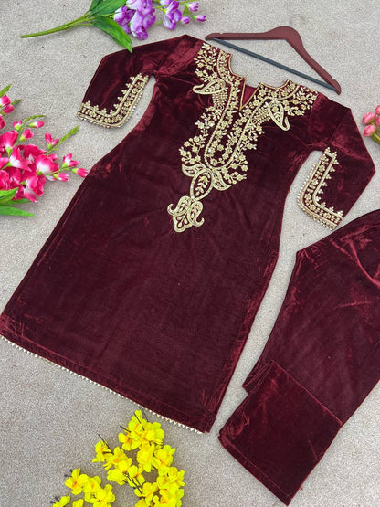 Maroon Heavy Viscose Velvet Embroidery Sharara Suit For Party Wear