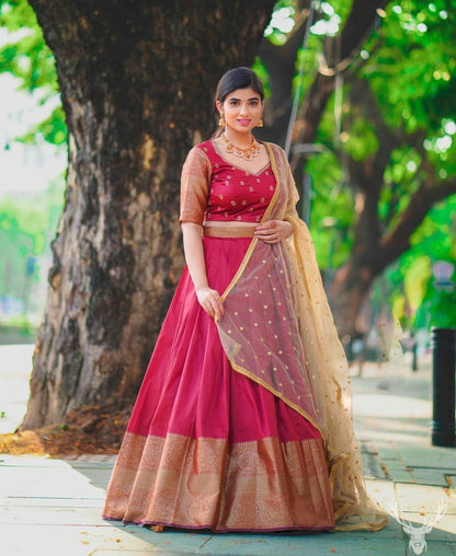 Maroon Kanchipuram Silk Lehenga Choli with Zari Weaving Net Dupatta