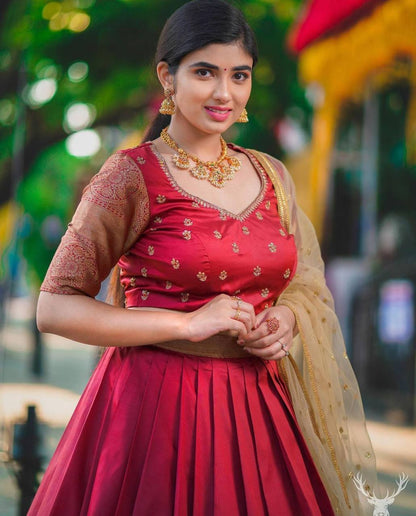 Maroon Kanchipuram Silk Lehenga Choli with Zari Weaving Net Dupatta