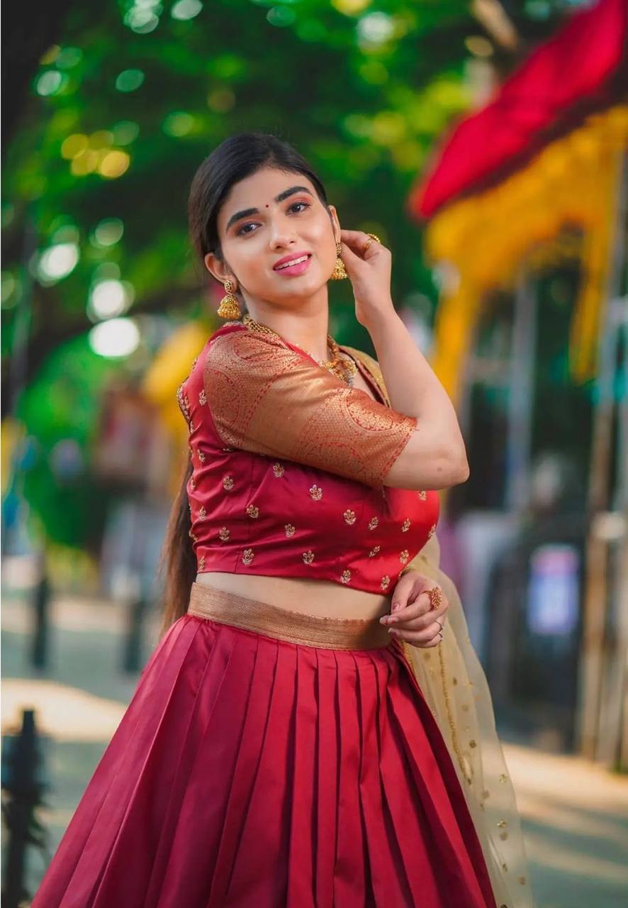 Maroon Kanchipuram Silk Lehenga Choli with Zari Weaving Net Dupatta