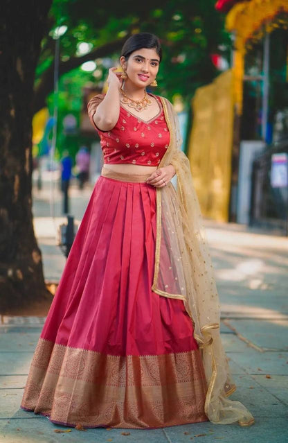 Maroon Kanchipuram Silk Lehenga Choli with Zari Weaving Net Dupatta