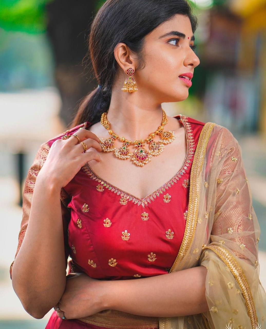 Maroon Kanchipuram Silk Lehenga Choli with Zari Weaving Net Dupatta