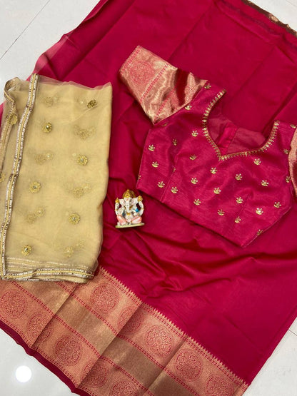 Maroon Kanchipuram Silk Lehenga Choli with Zari Weaving Net Dupatta