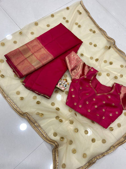 Maroon Kanchipuram Silk Lehenga Choli with Zari Weaving Net Dupatta