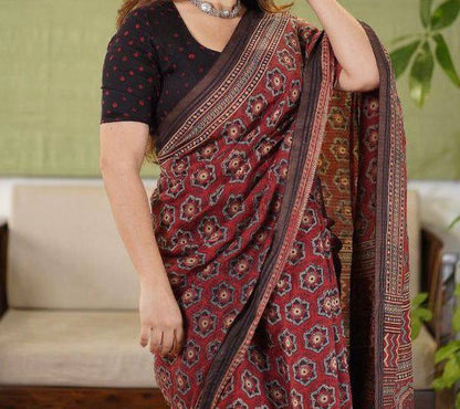 Maroon Mulmul Cotton Digital Print Saree with Banglori Blouse