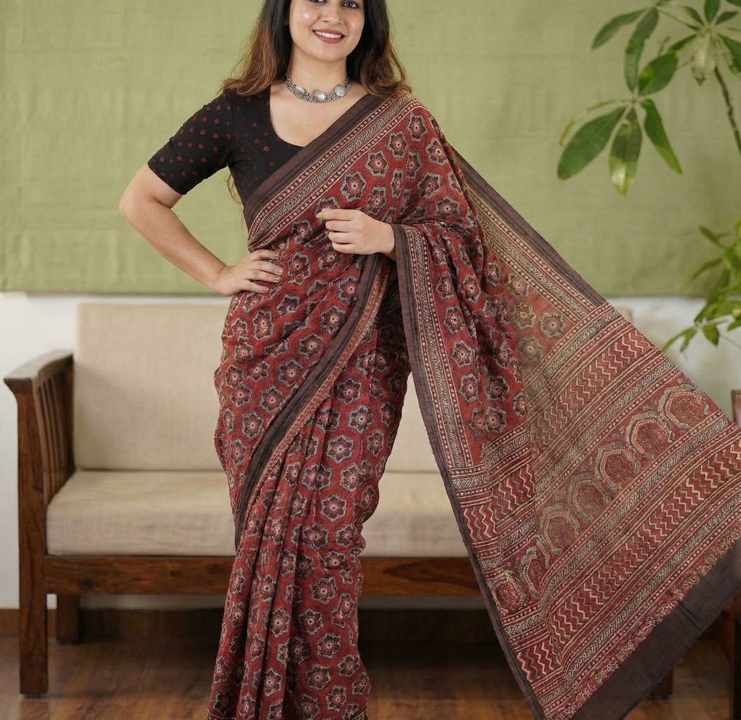 Maroon Mulmul Cotton Digital Print Saree with Banglori Blouse