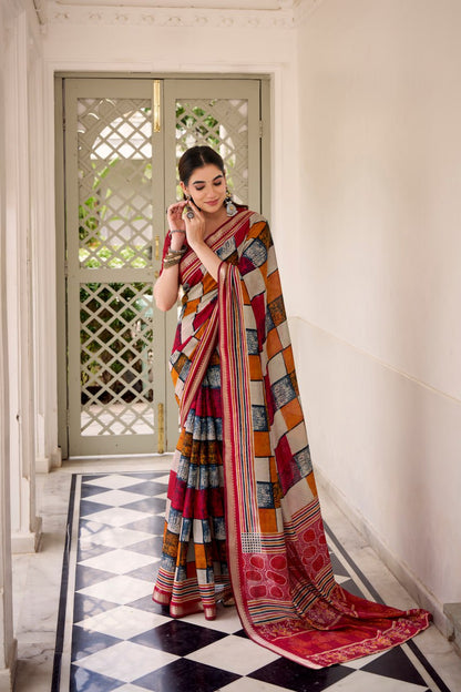Maroon Polyester Viscose Chanderi Saree with Printed Temple Border