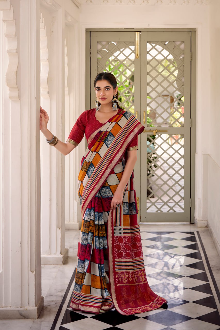 Maroon Polyester Viscose Chanderi Saree with Printed Temple Border