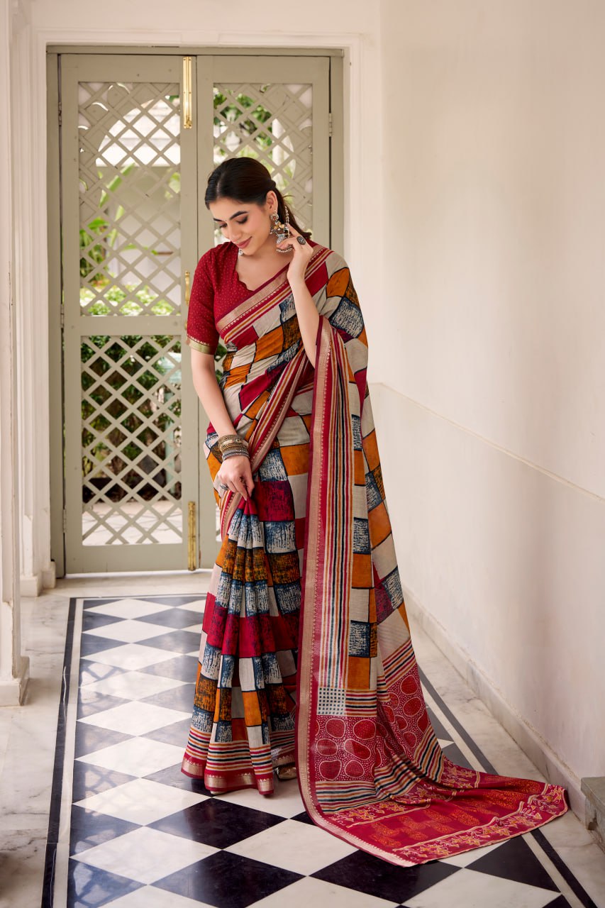 Maroon Polyester Viscose Chanderi Saree with Printed Temple Border