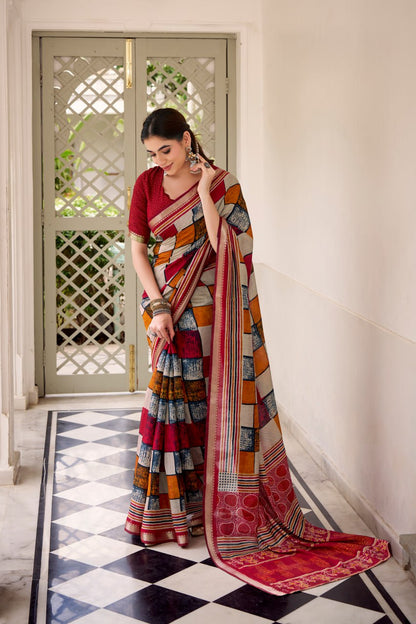 Maroon Polyester Viscose Chanderi Saree with Printed Temple Border