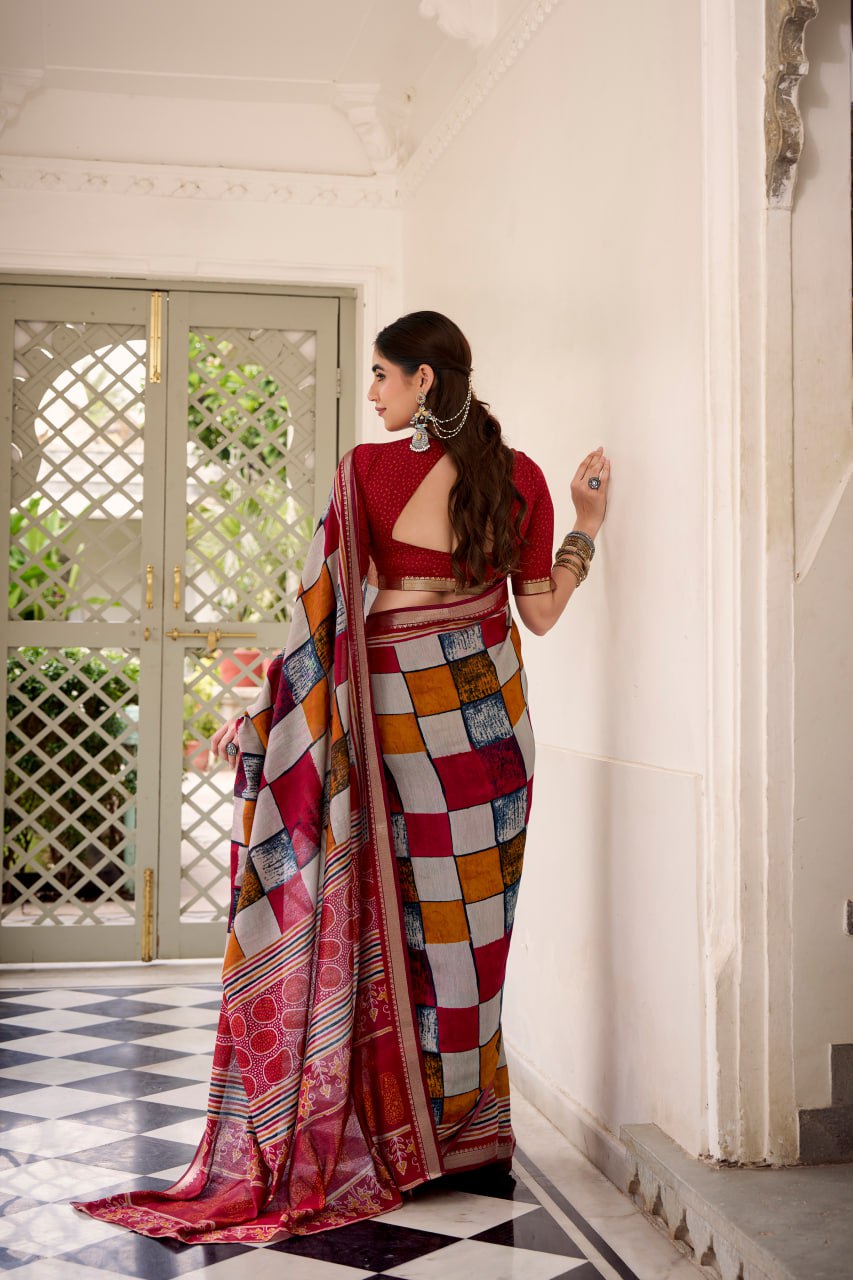 Maroon Polyester Viscose Chanderi Saree with Printed Temple Border