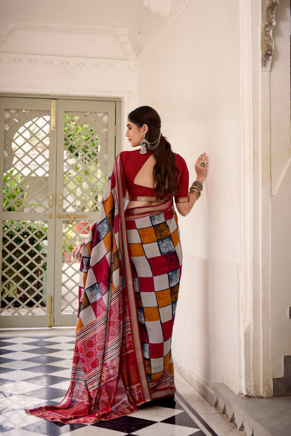 Maroon Polyester Viscose Chanderi Saree with Printed Temple Border