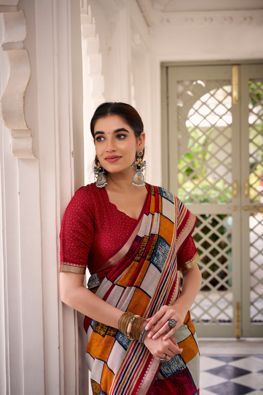 Maroon Polyester Viscose Chanderi Saree with Printed Temple Border