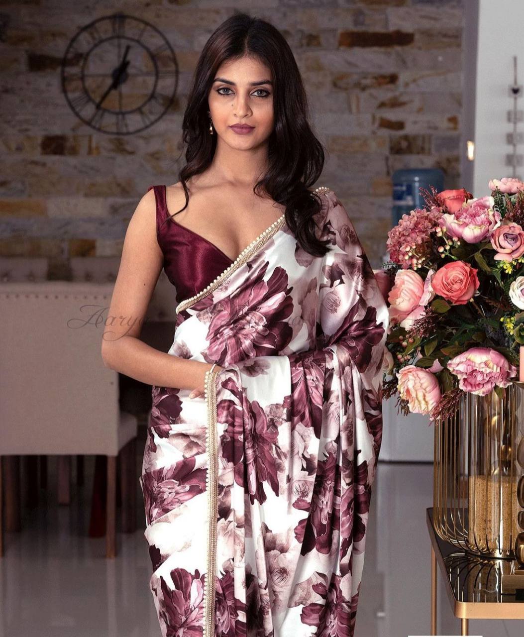 Maroon Satin Half Half Saree with floral Print Pallu & Pearl Lace Border