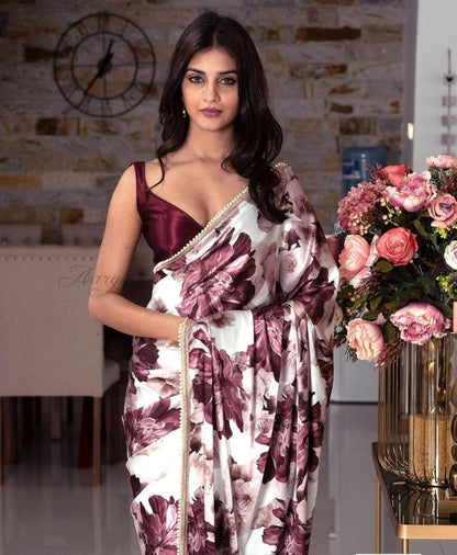 Maroon Satin Half Half Saree with floral Print Pallu & Pearl Lace Border