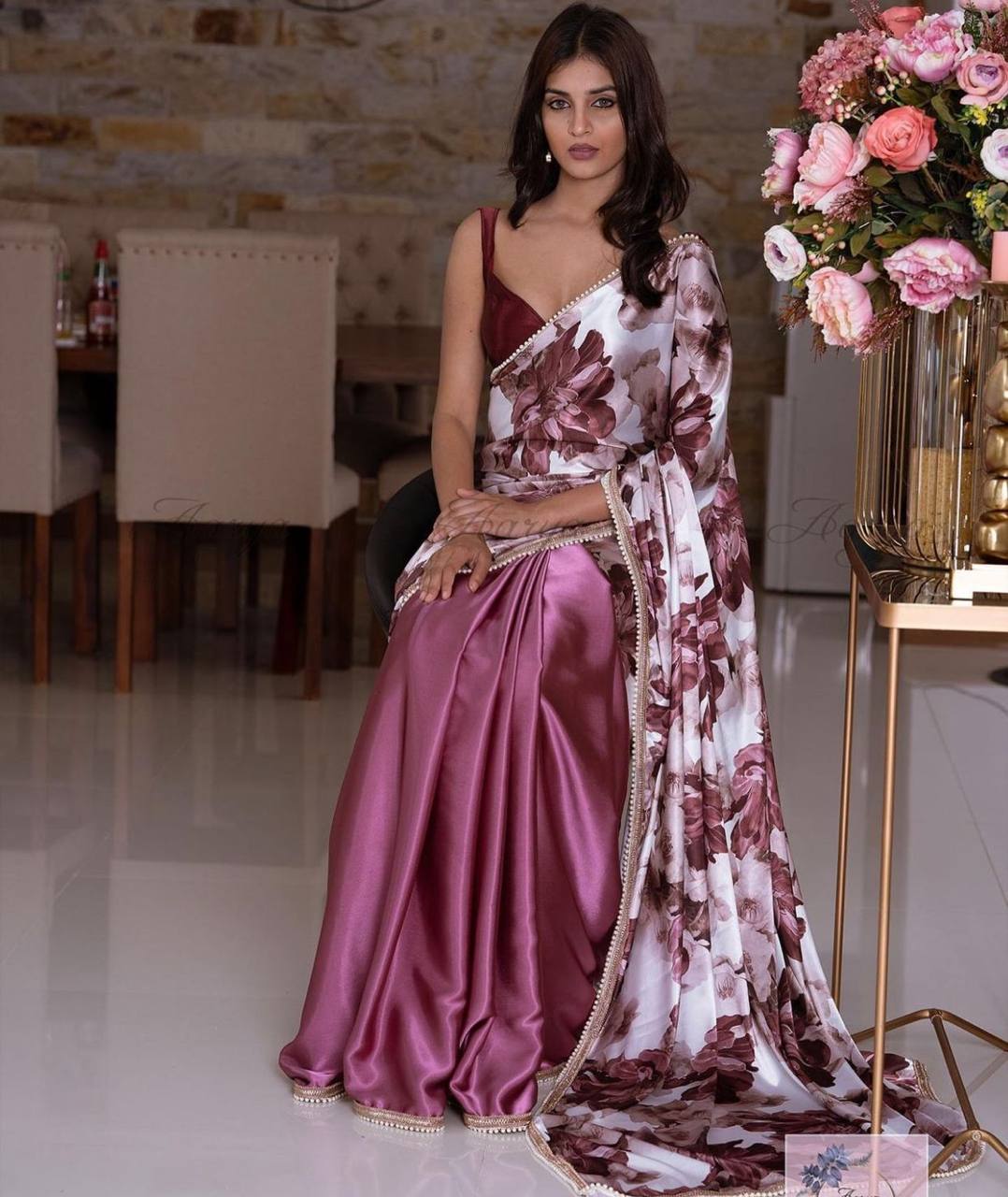 Maroon Satin Half Half Saree with floral Print Pallu & Pearl Lace Border