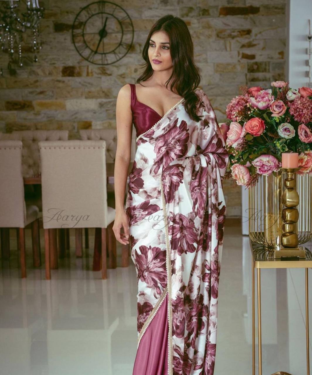 Maroon Satin Half Half Saree with floral Print Pallu & Pearl Lace Border