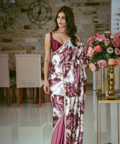 Maroon Satin Half Half Saree with floral Print Pallu & Pearl Lace Border