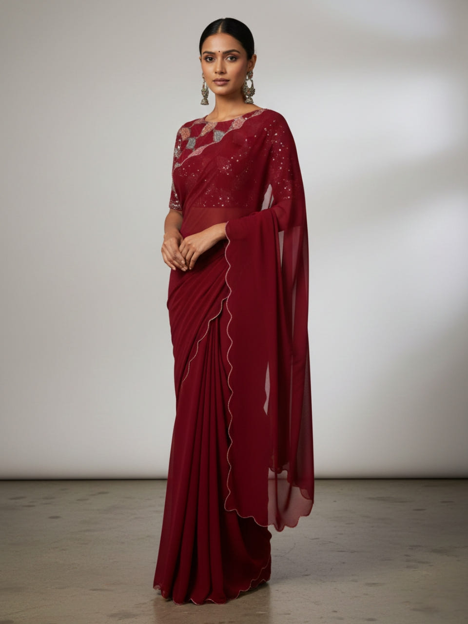 Maroon Smooth Georgette Saree with Aari Border & Embroidery Blouse
