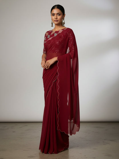 Maroon Smooth Georgette Saree with Aari Border & Embroidery Blouse