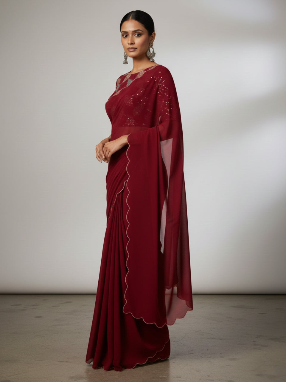 Maroon Smooth Georgette Saree with Aari Border & Embroidery Blouse