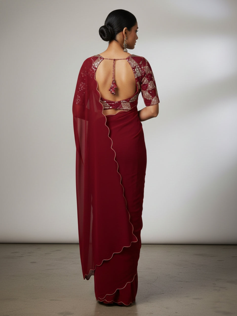 Maroon Smooth Georgette Saree with Aari Border & Embroidery Blouse