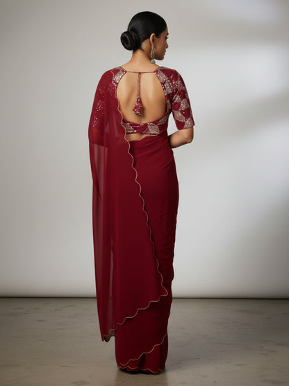 Maroon Smooth Georgette Saree with Aari Border & Embroidery Blouse