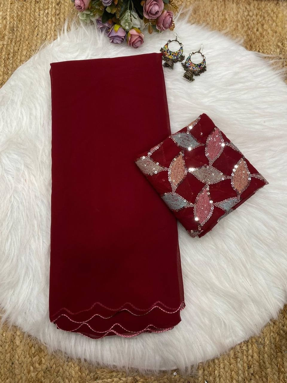 Maroon Smooth Georgette Saree with Aari Border & Embroidery Blouse
