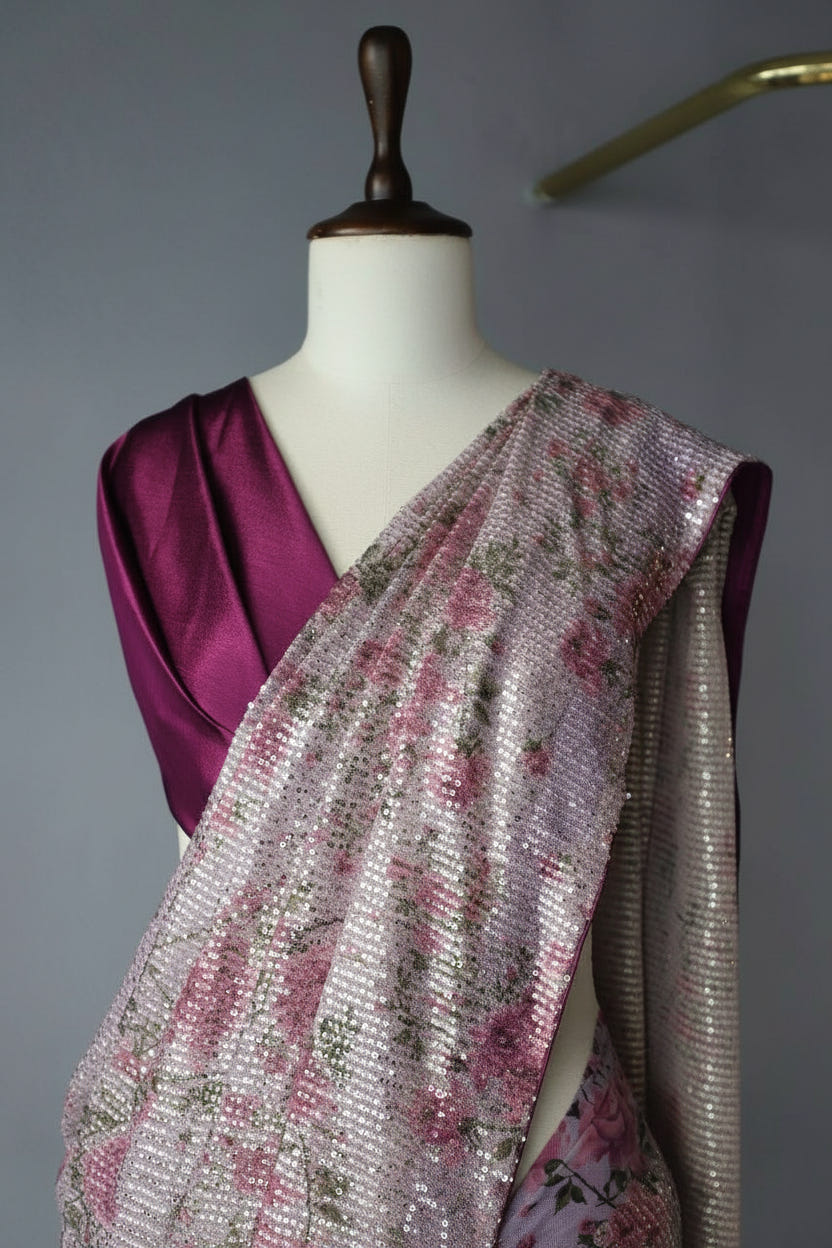 Mauve Purple Georgette Digital Print Saree with Full Sequins Border
