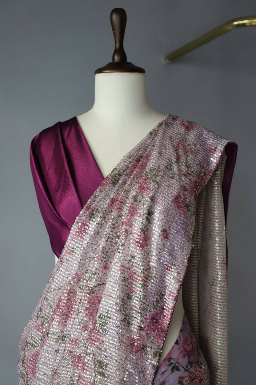Mauve Purple Georgette Digital Print Saree with Full Sequins Border