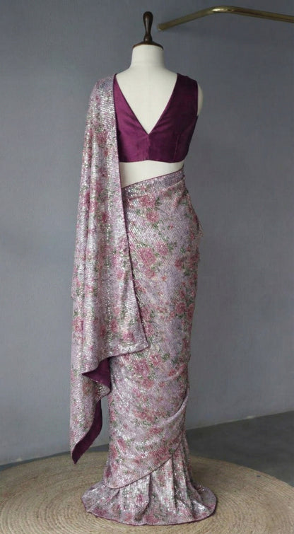 Mauve Purple Georgette Digital Print Saree with Full Sequins Border
