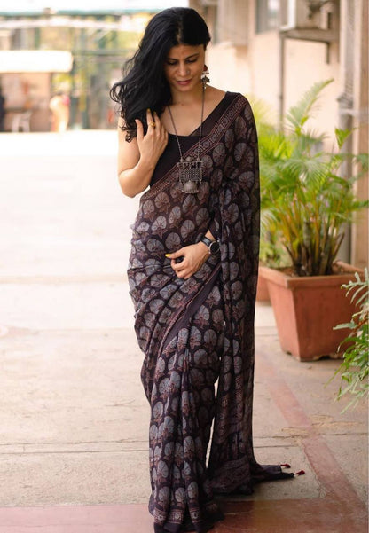 Mauve Purple Mulmul Cotton Digital Print Saree with Banglori Blouse