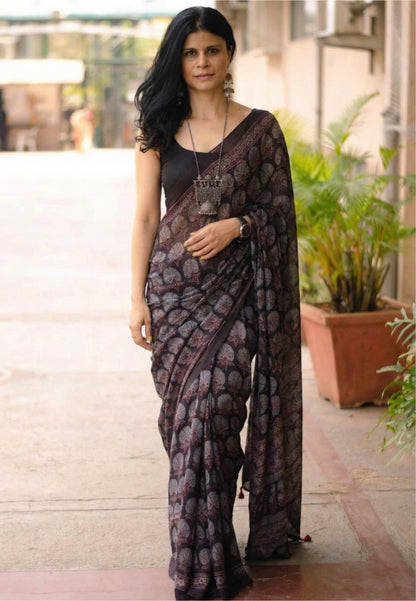 Mauve Purple Mulmul Cotton Digital Print Saree with Banglori Blouse
