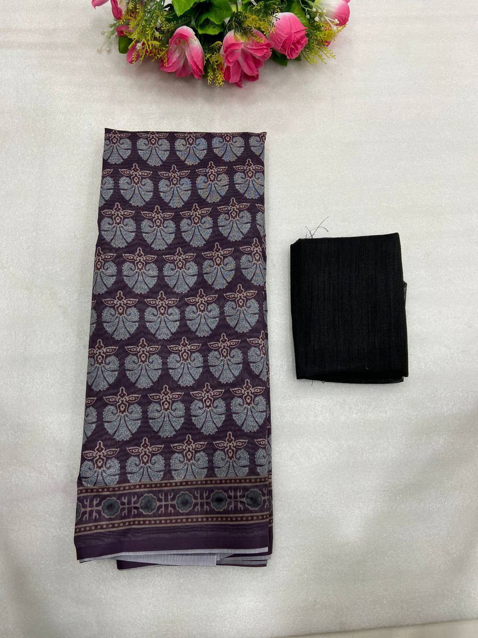 Mauve Purple Mulmul Cotton Digital Print Saree with Banglori Blouse