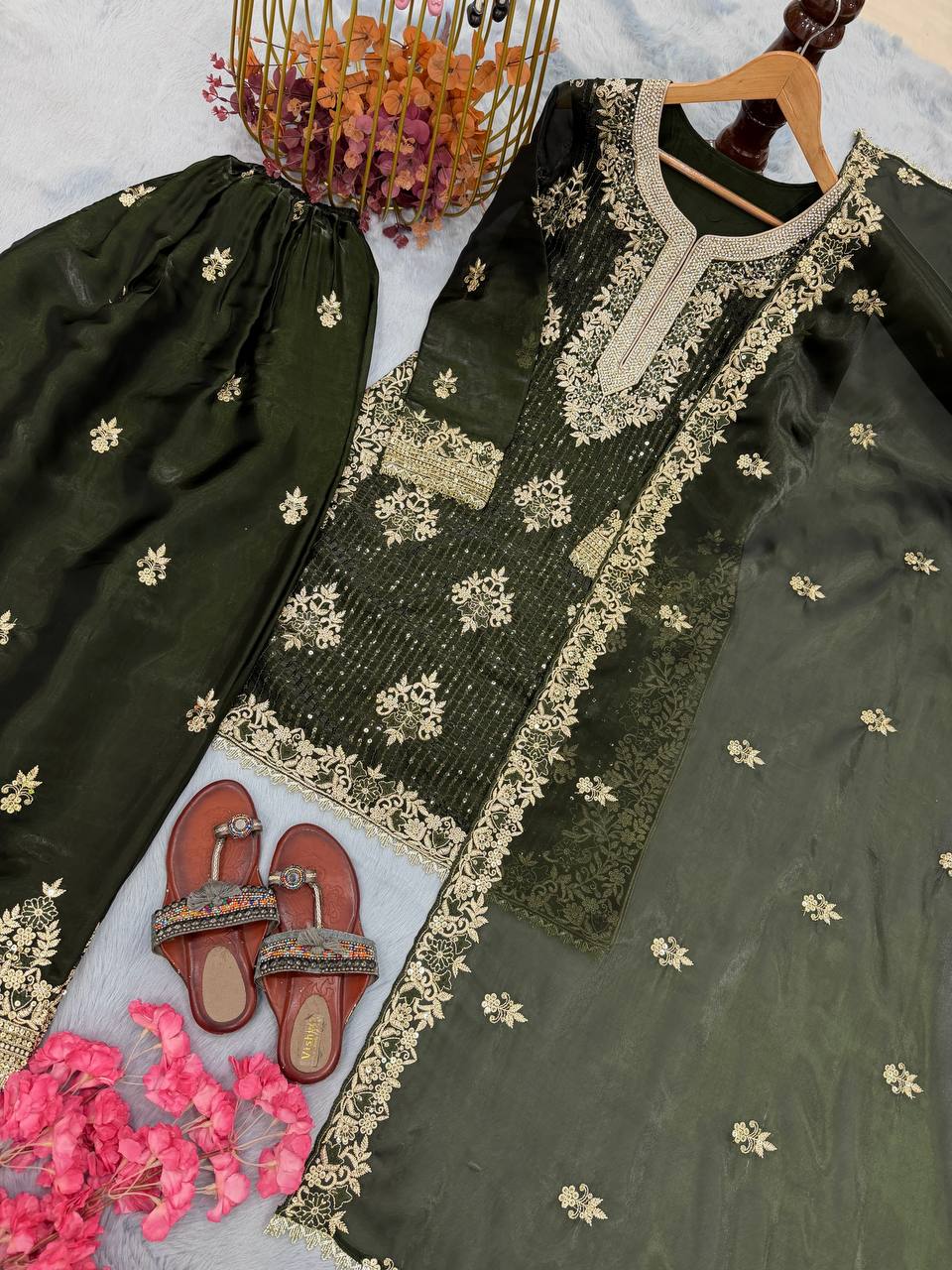 Mehendi Designer Pure GMY Silk Plazzo Top and Dupatta For Party Wear