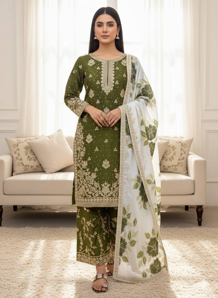 Mehendi Green Designer GMY Silk Embroidery Plazzo Suit and Dupatta