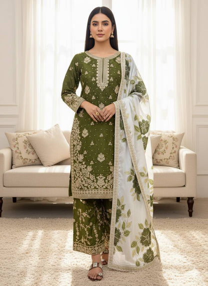 Mehendi Green Designer GMY Silk Embroidery Plazzo Suit and Dupatta