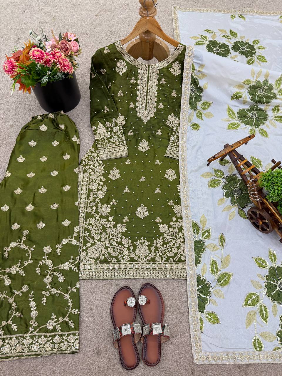 Mehendi Green Designer GMY Silk Embroidery Plazzo Suit and Dupatta