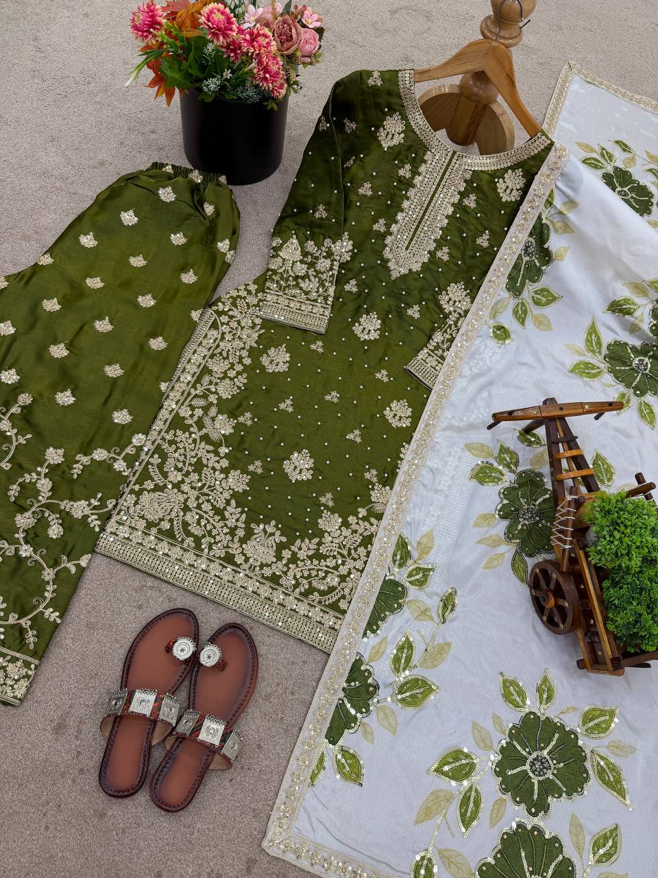 Mehendi Green Designer GMY Silk Embroidery Plazzo Suit and Dupatta