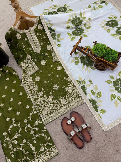 Mehendi Green Designer GMY Silk Embroidery Plazzo Suit and Dupatta