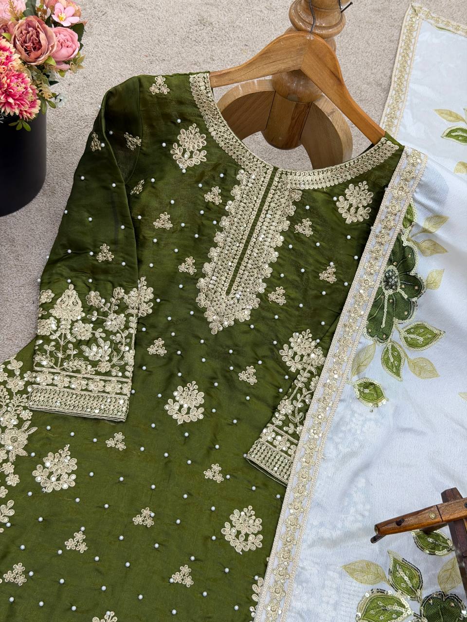 Mehendi Green Designer GMY Silk Embroidery Plazzo Suit and Dupatta